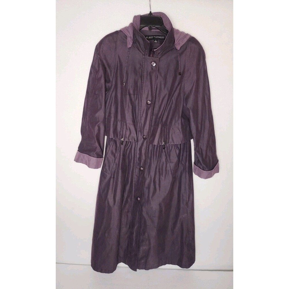 VTG Fleet Street Trench Coat Dk Purple Removable Hood Adjustable Waist Womens 12